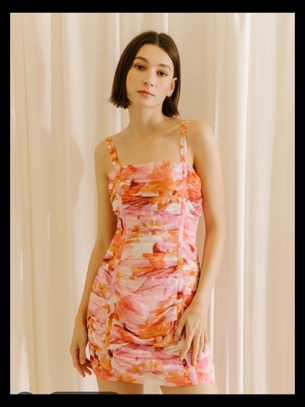 Storia Pink & Orange Floral Ruched Mini Dress PIT TO PIT 18 1460